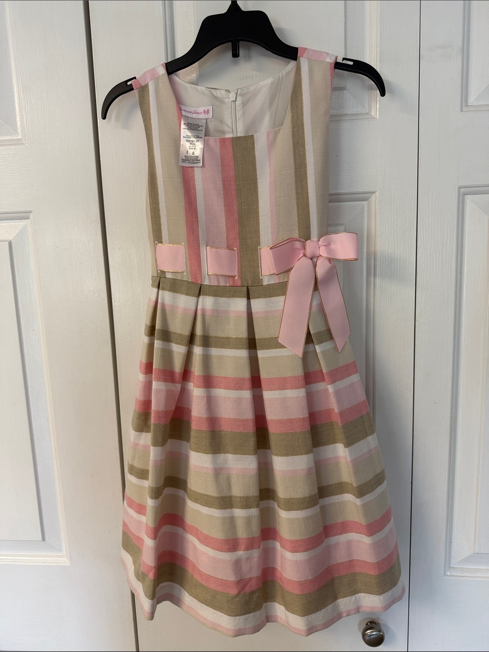 Bonnie Jean Pink, Tan & Cream Striped Bow-Applique Girls Dress